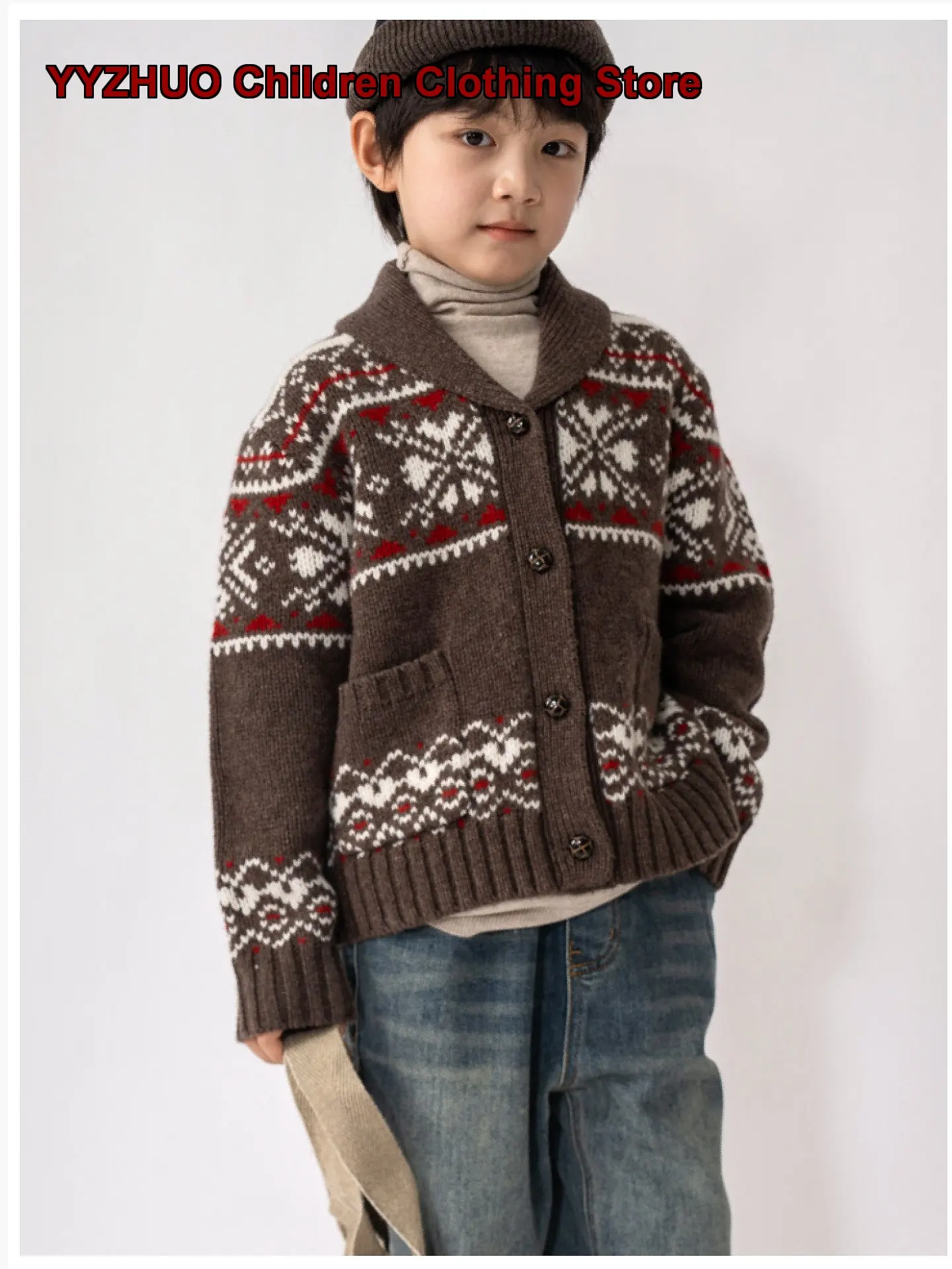 Boys Cardigan Kids Autumn Winter Fair Isle Pattern Button Front Jacket Solid Color