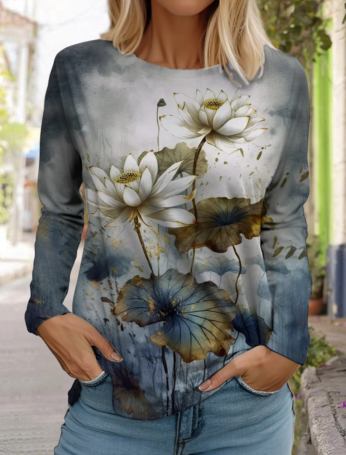 2024 women\'s fashion retro tops long sleeve round neck pullover casual long sleeve t-shirt new 3d printed lotus print t-shirt