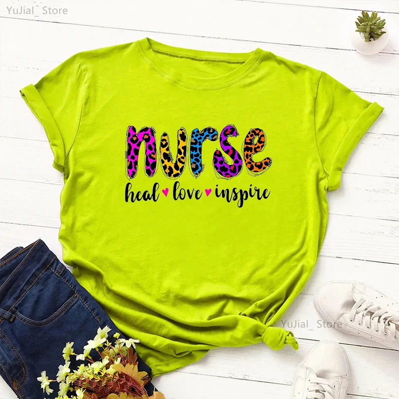 Funny Leopard Nurse Letter Print Women\'S T-Shirts Heal Love Inspire Tshirt Femme Harajuku Kawaii Clothes Summer Tops Tee Shirt