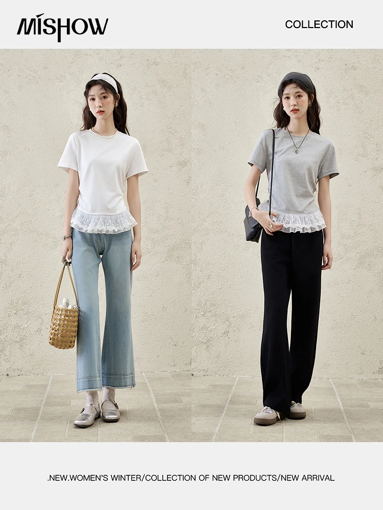 MISHOW تي شيرت بحاشية من الدانتيل للنساء لربيع وصيف 2025 رقبة مستديرة متعددة الاستخدامات ملابس الشارع الشهير تي شيرت غير رسمي متين MXE31T0528 #2