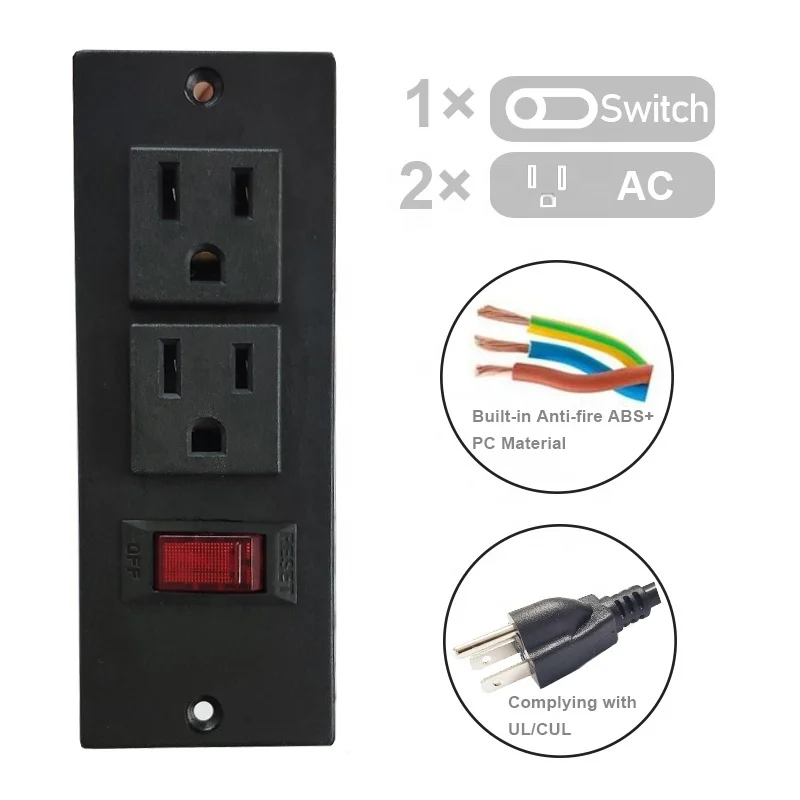 Montável embutida Power Strip móveis, soquete de bolso, US Outlet com protetor contra surtos, mesa de secretária, USB, 2 superfícies de saída