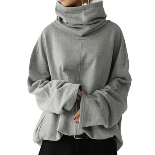 Women s Turtleneck Loose Solid Color Sweatshirt Autumn Winter Long Sleeve Pocket Hoodie Casual Outerwear Ladies Trend Streetwear AliExpress
