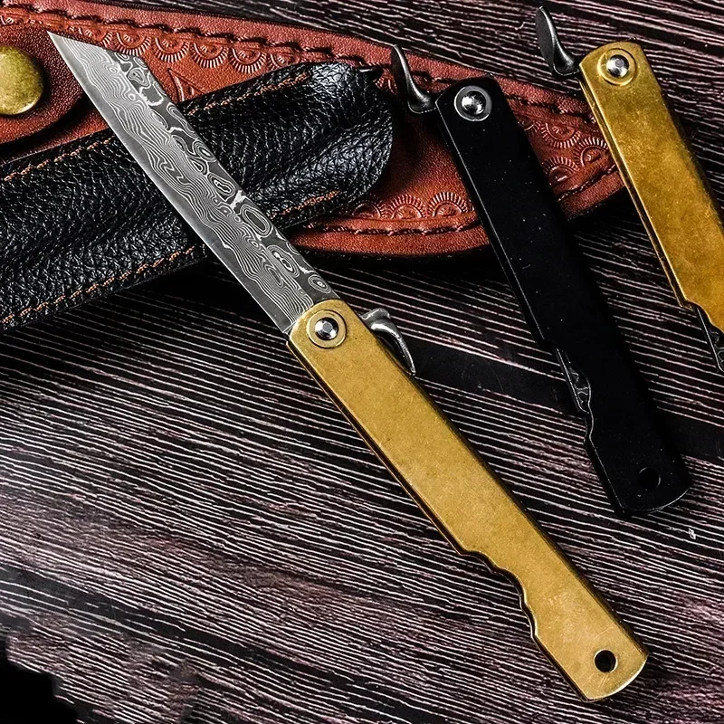 Pocket-sized Copper Alloy Folding Knife Damascus Steel Blade A Versatile Cutting Tool for Outdoor Camping Emergencies Daily Use