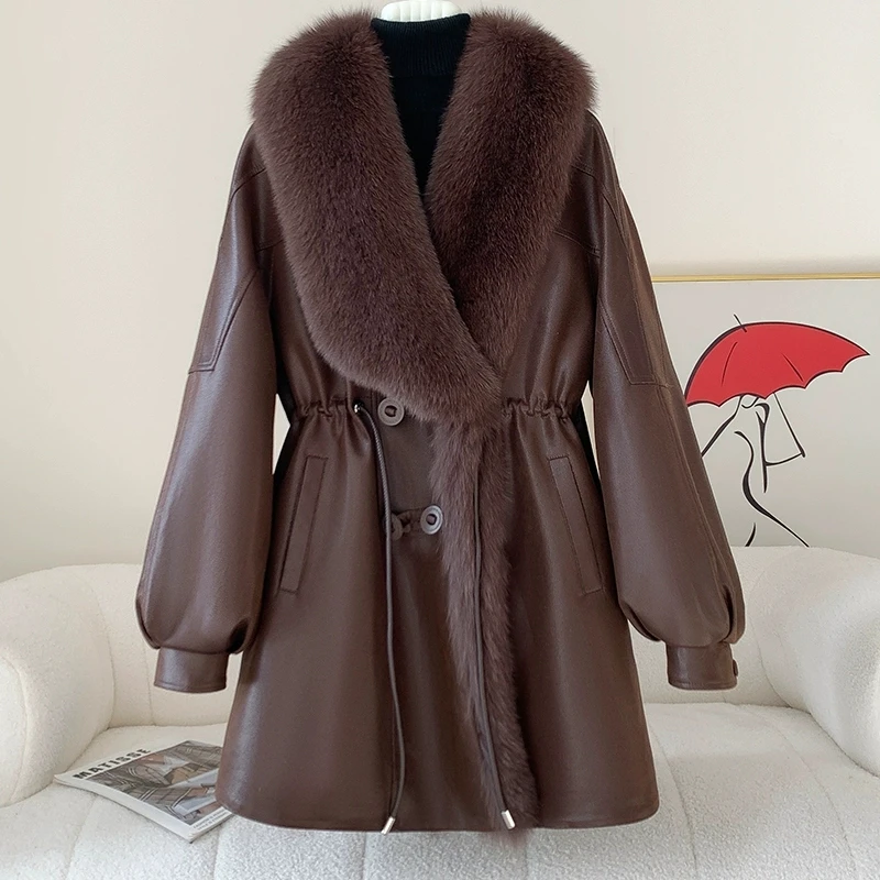 Real gola de pele de raposa ganso para baixo jaqueta 2025 inverno nova versão coreana solto temperamento para baixo casaco à prova de vento jaqueta de couro feminino