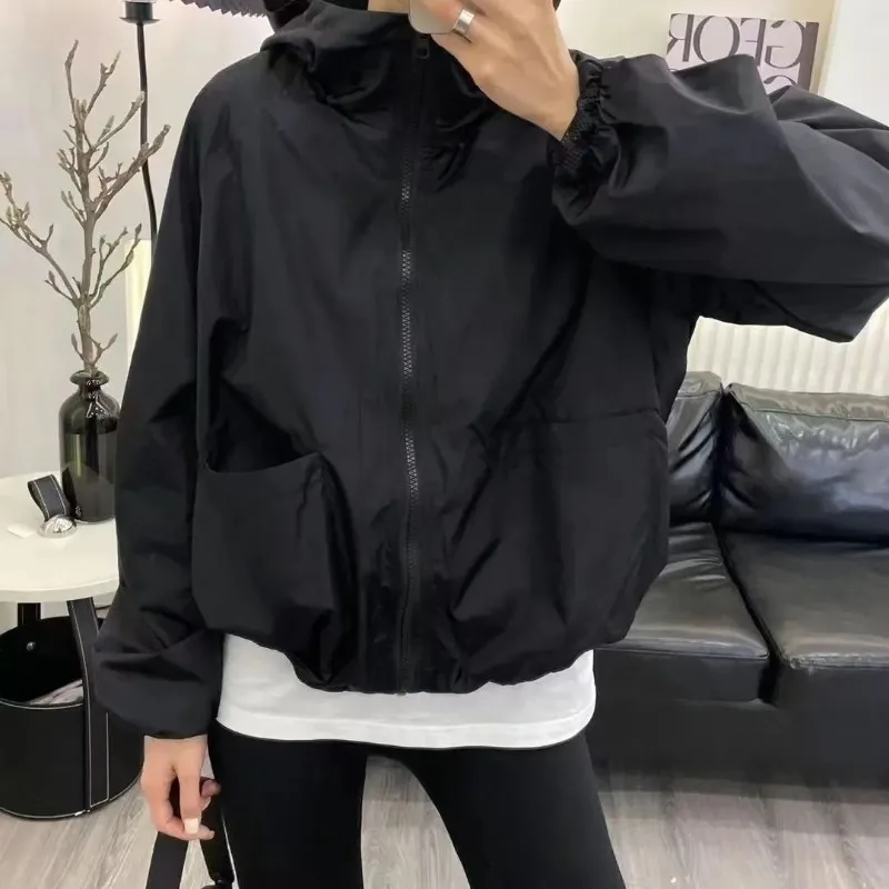 Female Spring Summer Tops Coat Zipper Hooded Sunscreen Pocket Solid Color Retro Simple Leisure Senior Soft Minority Versatile