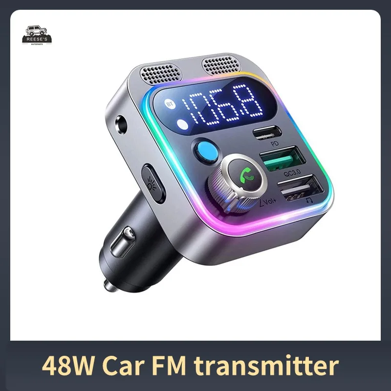 Bluetooth 5.3 FM Transmitter 48W PD&QC3.0 for Car Stronger Dual Mics Deep Bass Sound Car Charger Bluetooth Adapter Accessories