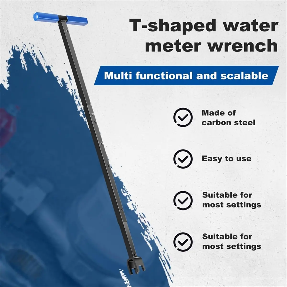 ABFW Water Meter Key, 17-37 Inch Adjustable Length Water ShutOff Tool with 4-Way Utility Key, T-Handle Water Meter Wrench