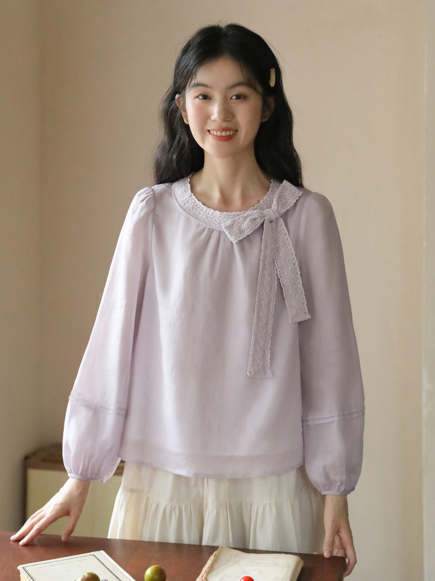 

Nesoulum Lav Lace Knot Long Sve Linen Silk irt Women's Spring Vintage Loose Top Breathable Comfortable Sk...