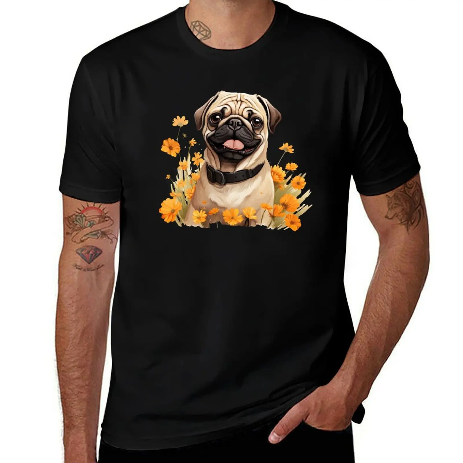

Cute Little Pug in a Meadow T-Shirt Casual Minimalist Short Sleeve Top