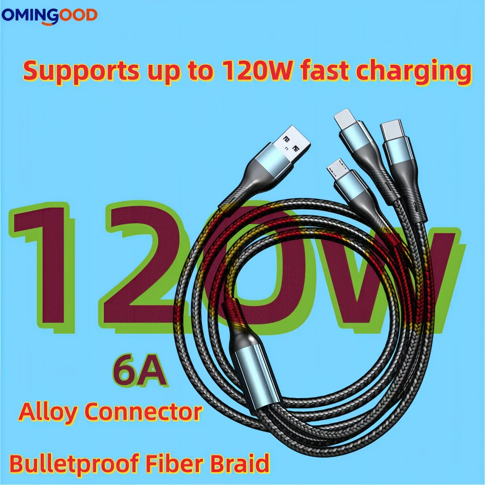 NEW 120W Braided 3 in 1 Fast Charging USB Cable Type C Micro USB Data Cord Compatible for iPhone Samsung Xiaomi  Android Phones