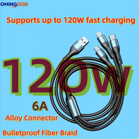 NEW 120W Braided 3 in 1 Fast Charging USB Cable Type C Micro USB Data Cord Compatible for iPhone Samsung Xiaomi  Android Phones