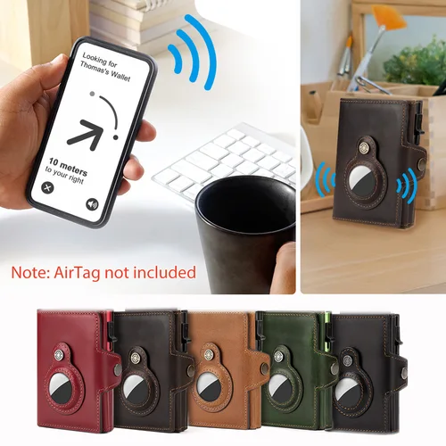 Imagen 2 del producto HUMERPAUL Carteras para tarjetas AirTag de cuero genuino para hombre RFID Antiscan Pop Up Bank/ID/funda para tarjetas de crédito monedero con cremallera