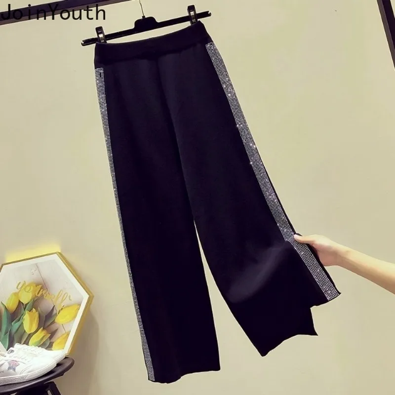 Korean Wide Leg Pants for Women 2023 New Bottoms High Waist Straight Pantalon Femme Patchwork Diamond Casual Fashion Trousers