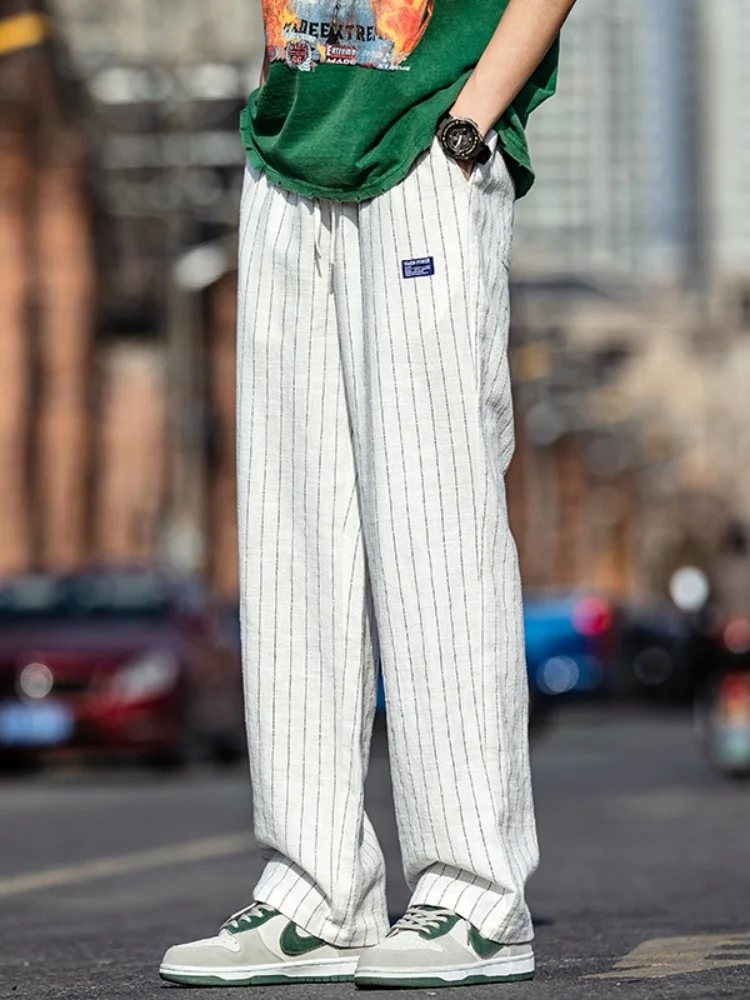 

Мужские летние тонкие хлопковые льняные брюки прямого кроя, повседневные, свободные, длинные, с белыми полосками, больших размеров, прямые брюки-трубы