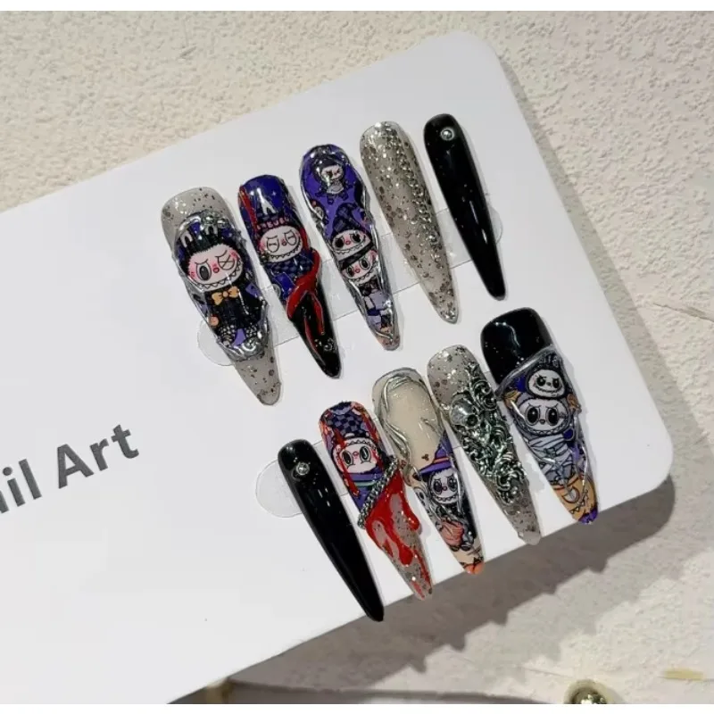 YTYIN بالجملة أظافر أكريليك يمكن ارتداؤها للهالوين قابلة للتخصيص على شكل عين القطة السوداء تصميم على شكل قلب وحش هيكل عظمي مضحك داكن #3