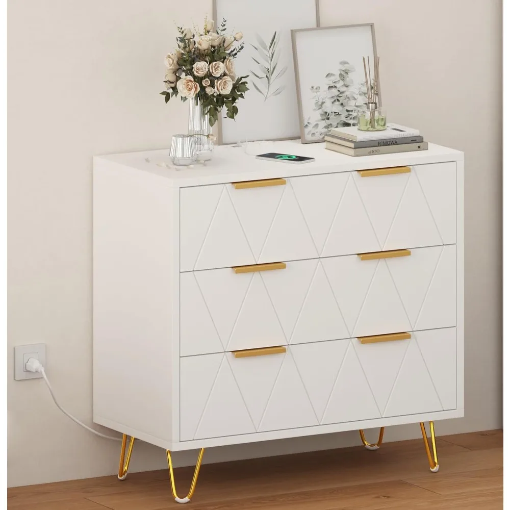 

Three-drawer Wide Bedside Table with Charging Station, 27.6-inch Wooden Bedside Table with Metal Handles and Legs