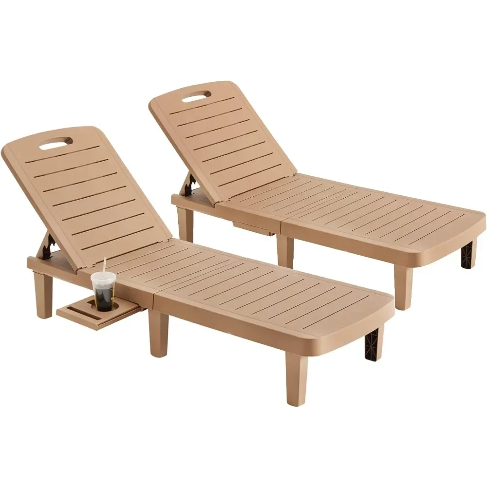 Oversized Outdoor Chaise Lounge Chair Set of 2, 5-Level Adjustment Backrest, Extra Widen Chaise with Cup Holder Easy Ass