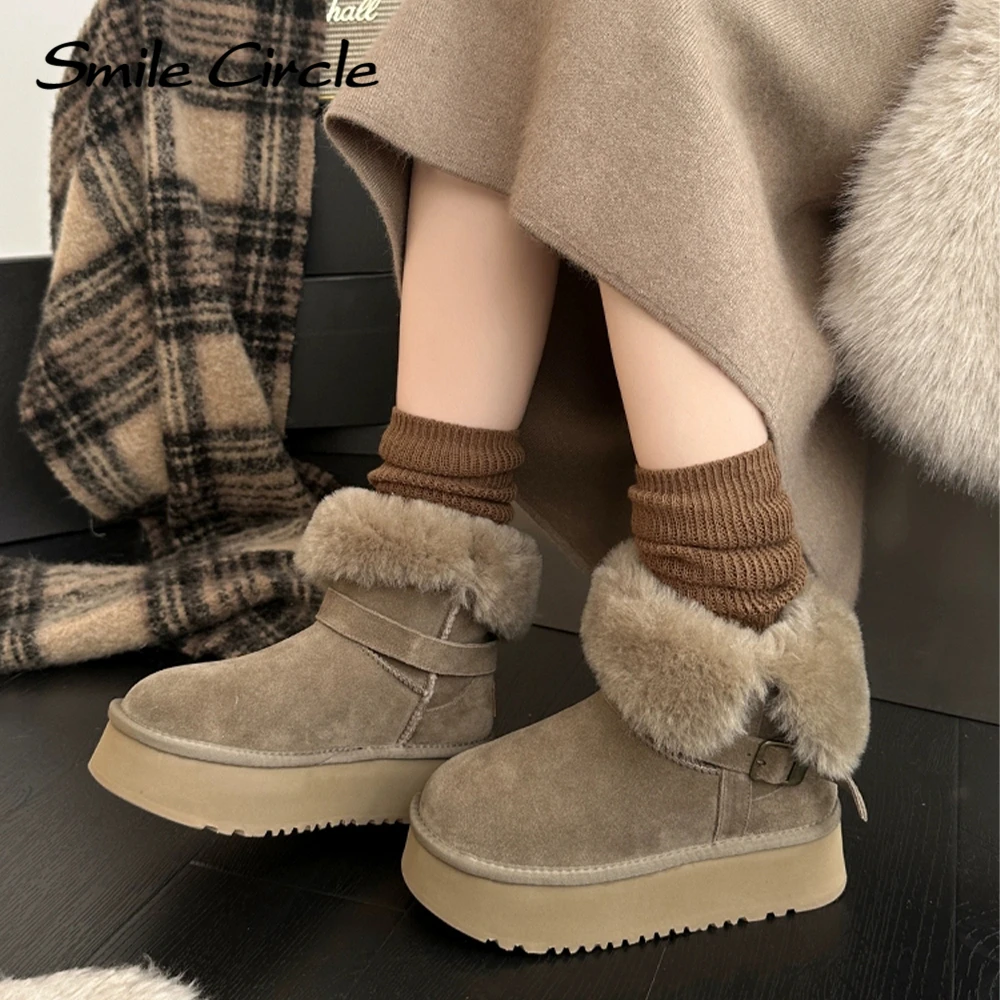 Smile Circle Winter Snow Boots Women Cow Suede Leathers Fur Boots Winter Boots