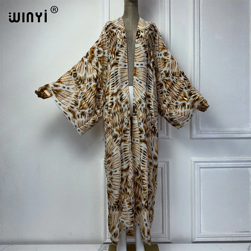 WINYI kimono beach wear women 2024 boho dress beach cover up Cardigan Hot stamping print coat abayas dubai luxury muslim dress