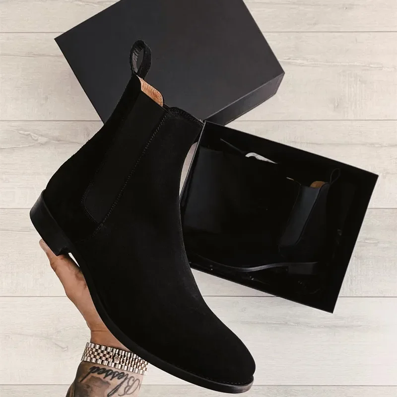 Męskie Chelsea Boots czarne stado biznesowe ręcznie robione męskie buty do kostki na butach dla mężczyzn