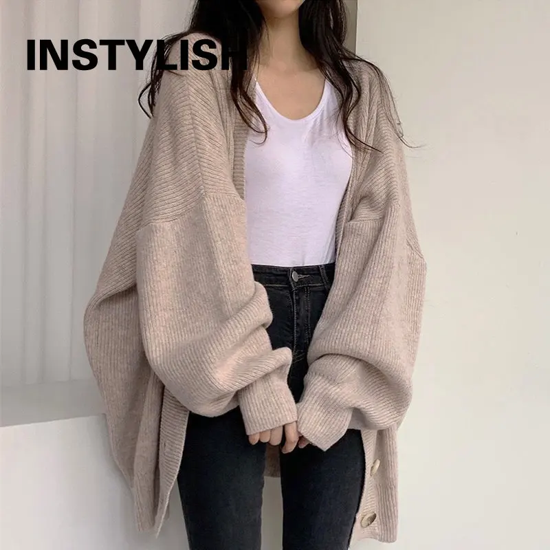 Women Vintage Lazy Knitted Cardigan Elegant Harajuku V Neck Single-breasted Loose Lantern Sleeve Sweater Coat Oversized Sweater