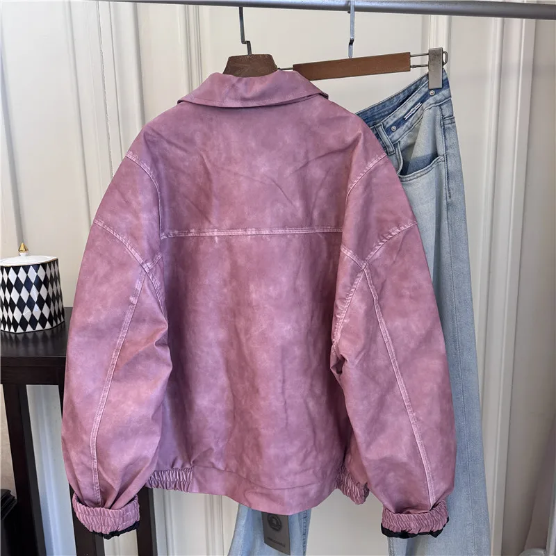 ピンクマット秋のファッションレディースコートラペルソリッドカラージッパーデザイントップルーズオールマッチタイトカフデザインジャケット