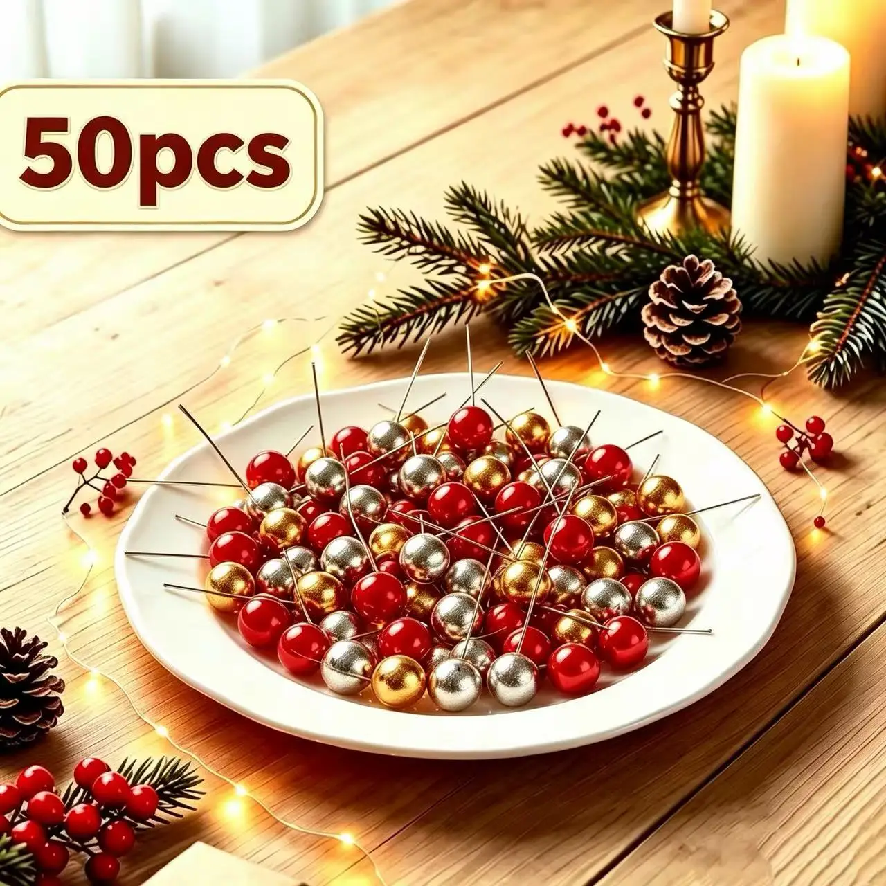 25/50Pcs Artificial Polychrome Red Small Round Bead Christmas Tree Filler Outdoor Wedding Garden Home Table Vase DIY Decorations