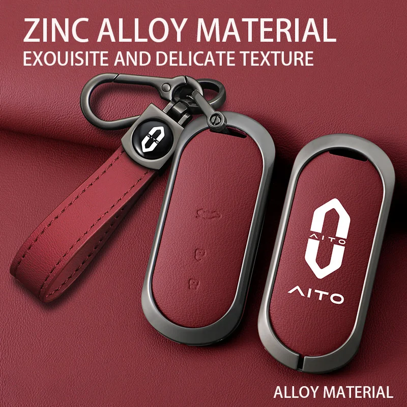 

Alloy Leather Auto Car Key Case Cover Holder Shell For Aito M5 M7 M9 UItra MAX 2024 Smart Remote Protector Keychain Accessories