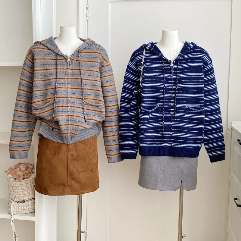 

Women's Autumn Winter Drawstring Hooded Stripe Long Sleeve Zip Up Cardigan Lady Casual Loose Cardigan Outwear Top