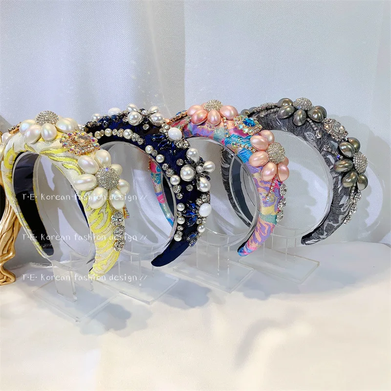 

Европейская и американская мода в стиле барокко, роскошная широкая повязка на голову с инкрустацией жемчугом для женщин