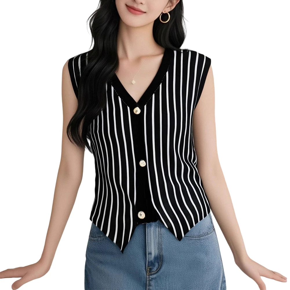 Sleeveless Knitted Vest for Women Striped V Neck Button Front Casual Stretch Top Lightweight Layering Essential