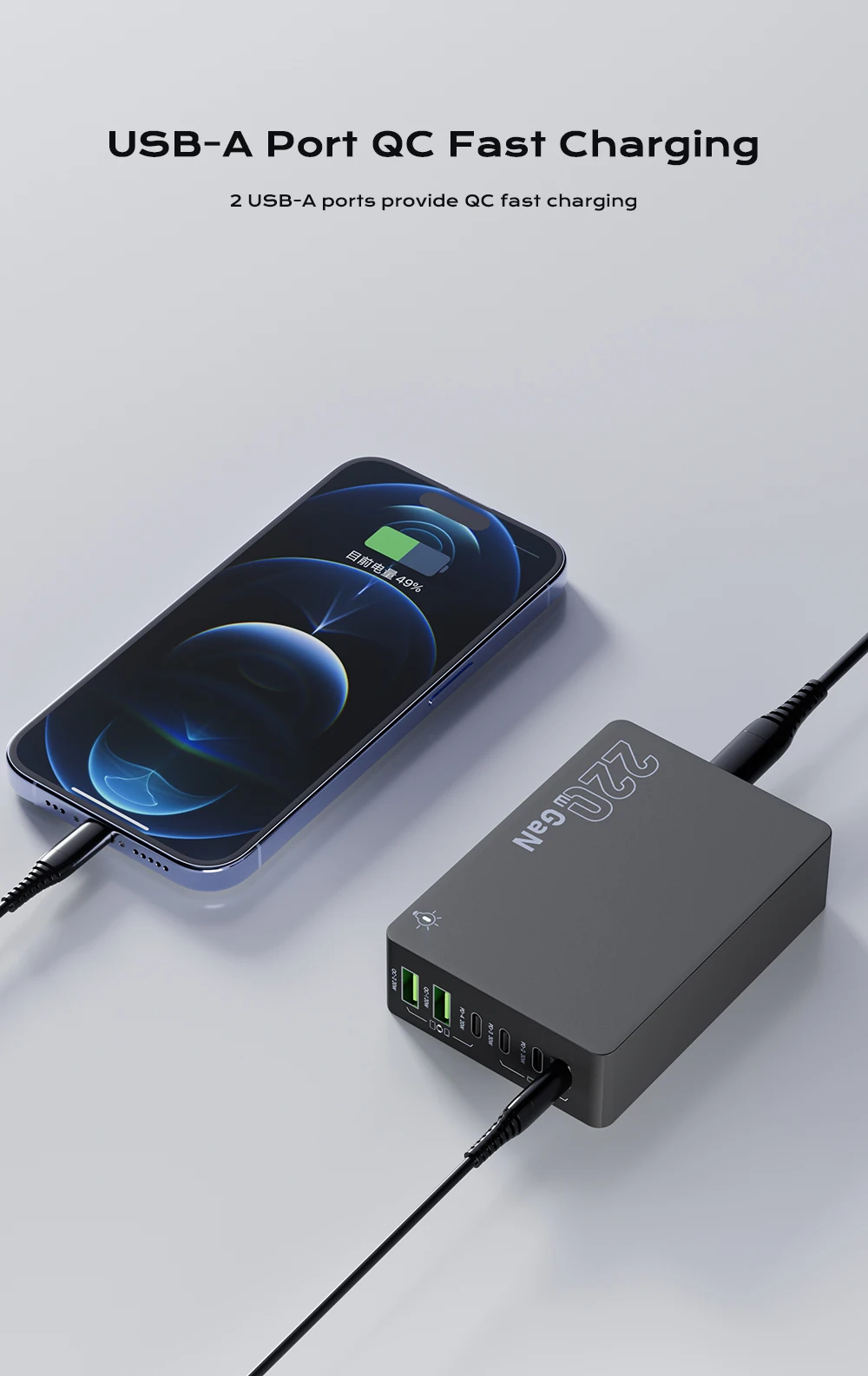 220W GaN Desktop-Ladegerät mit 6 Anschlüssen, PD 100W USB Typ C QC 3.0 Schnellladestation für iPhone 17 Pro, Tablet, MacBook, Samsung Laptop – Detail 8