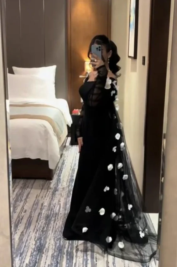 

AsaNagi Arabia Elegant Prom Dresses Black Formal Party Dresses Customized Floor-Length Women's Party Evening Gowns robes de so
