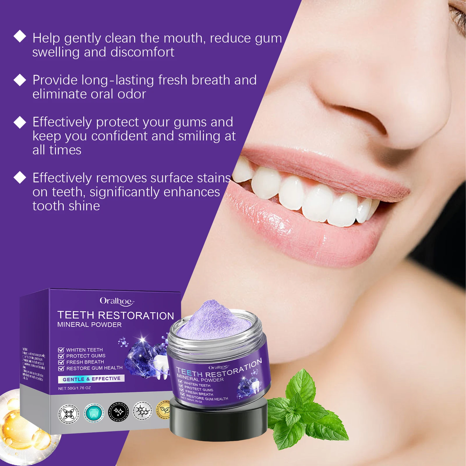 Purple Teeth Powder Gentle Daily Cleansing Protect Tooth Surface Fade Tooth Yellow And Stains Maintain Fresh Breath