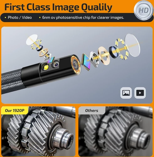 Imagen 2 del producto 360 °   Endoscopio giratorio de doble lente, cámara de inspección de endoscopio IPS de 3,9 MM y 5 pulgadas, endoscopio industrial mecánico automotriz