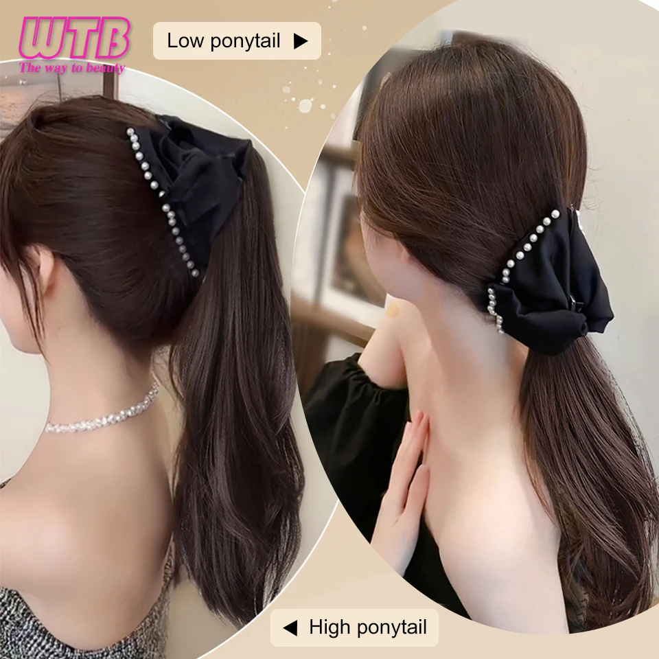 WTB Synthetic Bow Knot Ponytail Wig Clip Type High Ponytail Female Retro Pearl Low Tie Wig Ponytail Braid