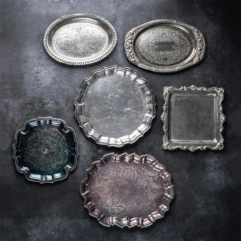 4.20 European and American Antiques Silver-plated Dinner Plates Photography Props Old Objects Home Furnishings Tray