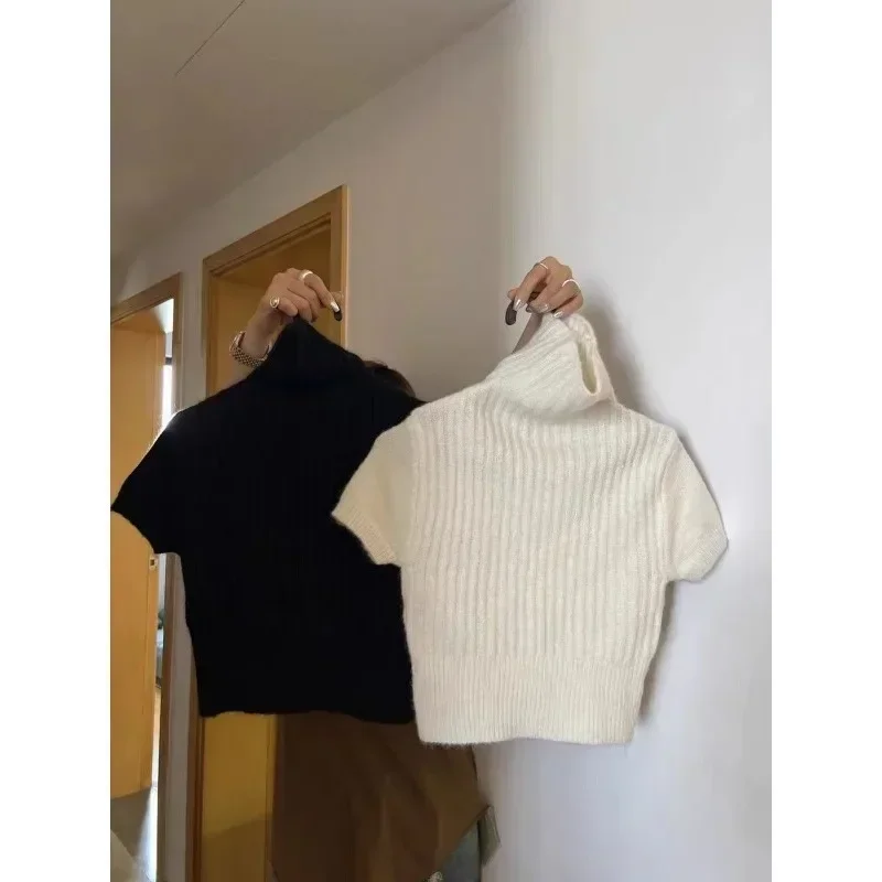 Grigio Ropa Mujer Pullover corto lavorato a maglia Donna Dolcevita Manica corta Tunica Maglione Pull Femme Moda Casual Y2k Maglione Top