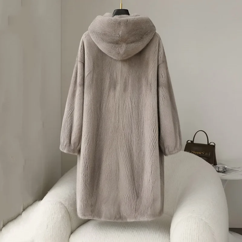 Jaqueta de inverno de pele de vison natural para mulheres, casaco longo e quente com capuz, roupas femininas reais de pele de vison, grosso, fino, moda