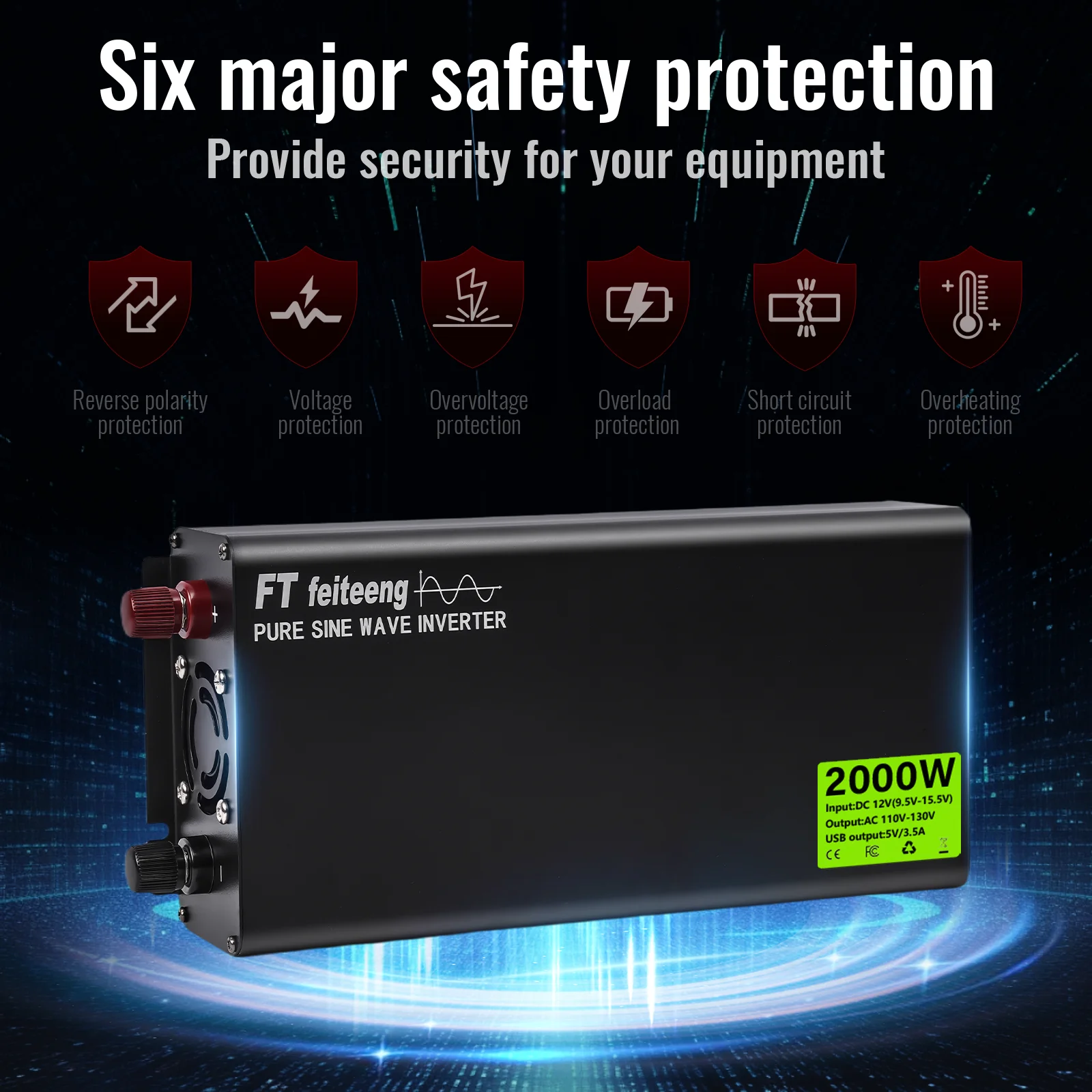 FT feiteeng 2000 واط/1500 واط/1000 واط محول طاقة موجة جيبية نقية 12 فولت إلى 110 فولت مع قابس أمريكي - للمركبات الترفيهية والتخييم والنسخ المنزلي #5