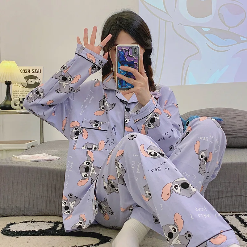 

Anime Disney Lilo Stitch Pajamas Autumn Cotton Long Sleeve Cartoon Casual Women Silk Pajamas Women Loungewear Pajamas Pants Set