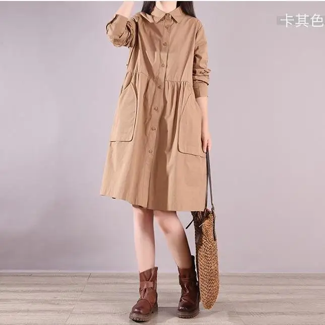 New Pure Cotton A-line Solid Color Single Breasted Pleated Multi Size Mid Length Shirt Dress for Women