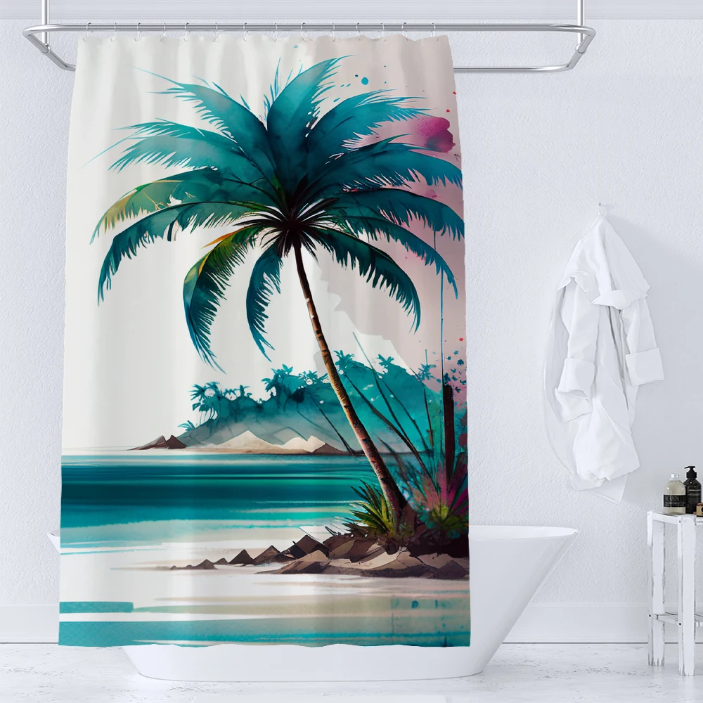

Modern Watercolor Plant Coconut Tree Shower Curtain with Hooks Waterproof and Minimalist Design for Bathroom Home Decor Curtain