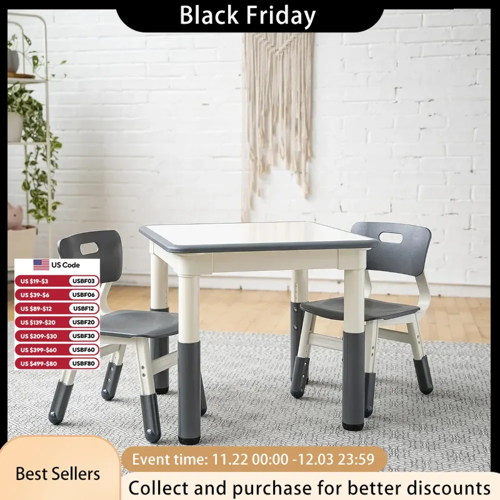 Table Dry-Erase Square Activity  with 2 Chairs, Adjustable Kids Furniture Grey 3-Piece, 28.5 x 28.3 x 5.1 inches Table