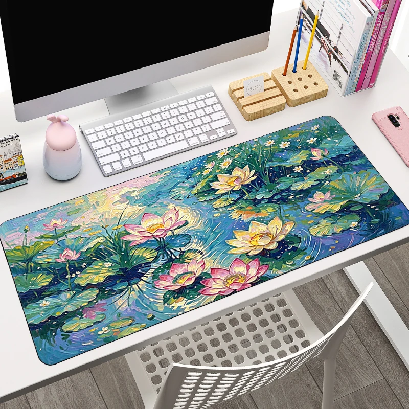 kawaii Mouse Pad Non-Slip Gaming Accessories Monet Water Lily Pond Computer Desk Mat Gamer Extended Keyboard Pad Anime Mousepad