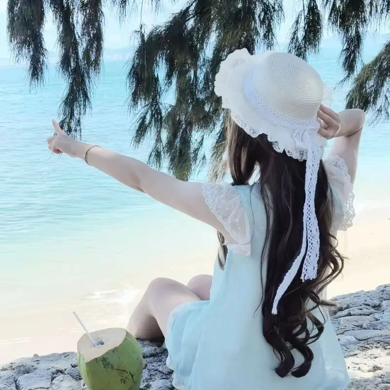 Lolita chapéu com gravata borboleta renda doce jk palha sol headdress para mulheres vintage verão boho photoshoot acessórios praia festa à beira-mar