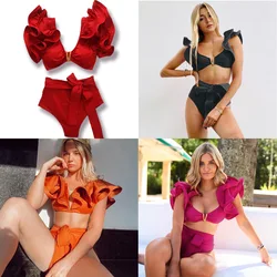 Bañador de dos piezas con volantes para mujer, traje de baño de lujo con realce, cintura alta, tirantes, ropa de playa