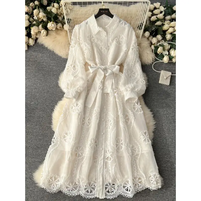 GetSpring Women Dress 2025 Spring Retro Embroidered Puff Sleeve Single Breasted Hollow Out Lace Up Slim Fit Long Party Dresses