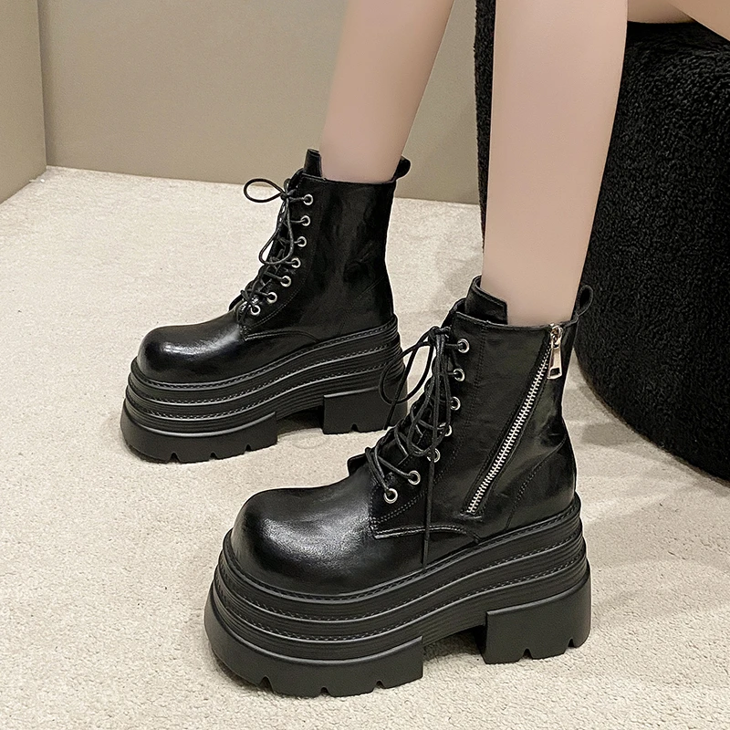 Women Boots New Winter Motorcycle Boots 10CM Wedge Heels High Platform Leather Chunky Shoes Woman Autumn Thick Sole Punk Boots