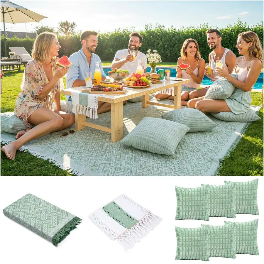 

Большое уличное бохо-одеяло для пикника с дорожкой для стола и 6 чехлами для декоративных подушек, для пляжных принадлежностей и корзин, размер S